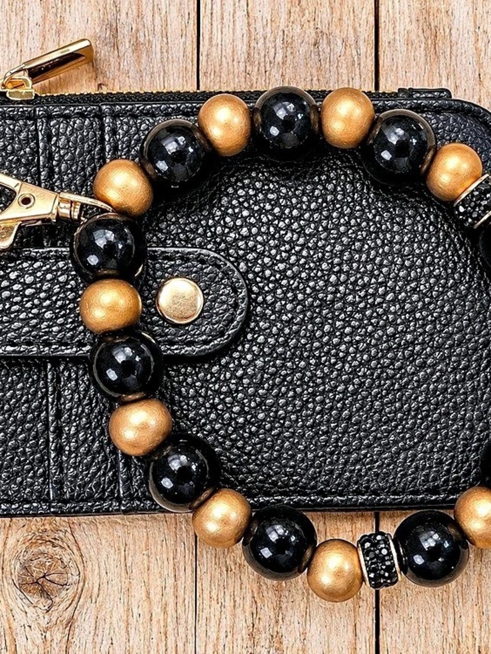 Mini Black Wallet Beaded Wristlet with Gold Cross Charm